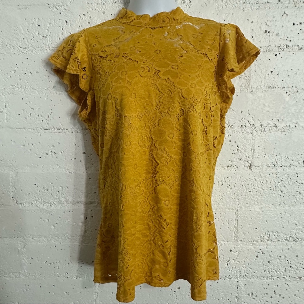 Siren Lily Womens Top L Yellow Mustard Lace Cap Sleeve High Neck F5